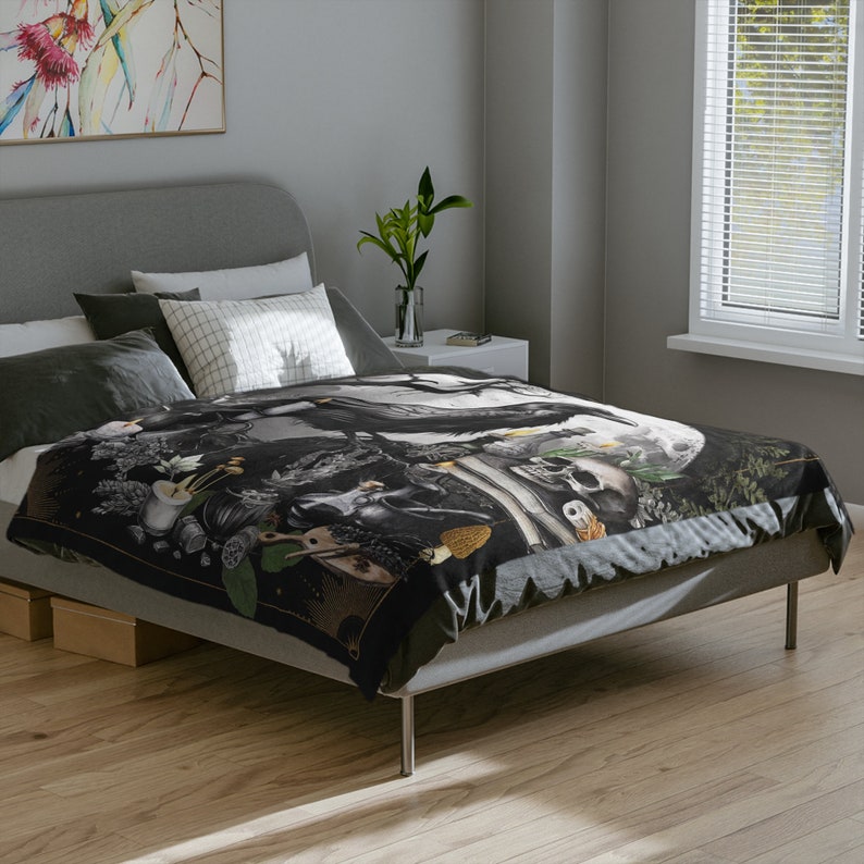 Crow Velveteen Blanket, Cottagecore Celestial Blanket, Raven Painting Witch Stuff Minky Blanket, Fairycore Forestcore Throw Blanket Couch 80" × 60"