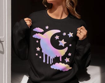 Pink Pastel Crescent Moon Sweater, Yami Kawaii Sweatshirt, Witchy Pastel Goth Shirt, Harajuku Aesthetic, Fairy Kei Trippy Celestial Shirt