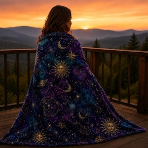 Whimsigoth Celestial Velvet Throw Blanket Astrology Zodiac Moon and Stars Blanket, Purple Witchcore Decor Gothic Couch Blanket Cozy Gift image 5