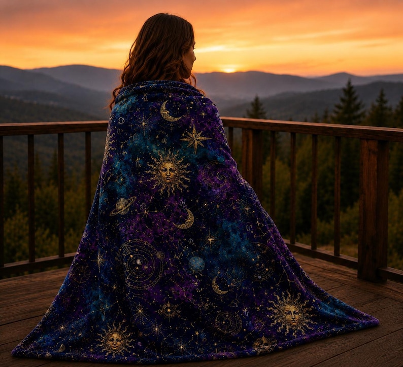 Whimsigoth Celestial Velvet Throw Blanket Astrology Zodiac Moon and Stars Blanket, Purple Witchcore Decor Gothic Couch Blanket Cozy Gift image 5