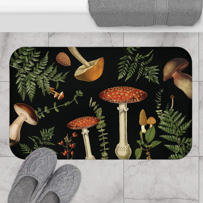 Mushroom Cute Bath Mat, Dark Academia Boho Bath Mat, Dark Cottagecore Shower Mat, Goblincore Botanical Floral Mat, Woodland Forestcore Rug Bild 2