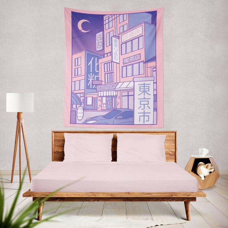 Pastel Pink Moon Japanese Tapestry, Anime Tapestry, Pink Kawaii Wall Tapestry, Cute Kawaii Wall Decor, Kawaii Room Decor, Vaporwave City image 4