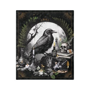 Crow Velveteen Blanket, Cottagecore Celestial Blanket, Raven Painting Witch Stuff Minky Blanket, Fairycore Forestcore Throw Blanket Couch Bild 4