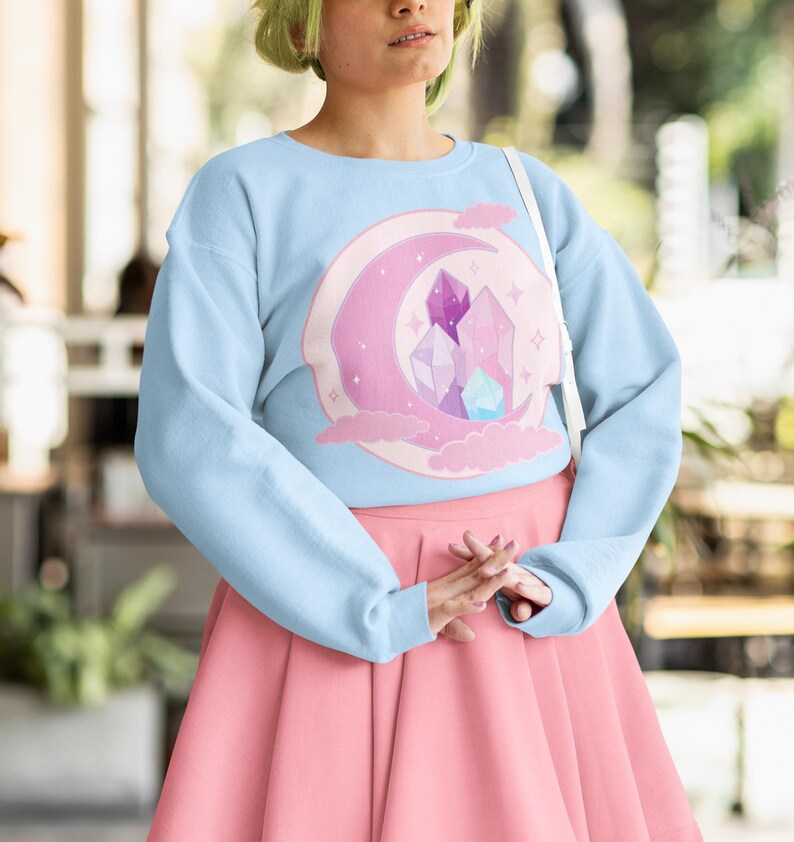 Pink Crescent Moon Sweater, Yume Kawaii Sweatshirt, Pastel Goth Clothing, Harajuku Shirt, Cute Kawaii Clothes, Pink Kawaii Shirt zdjęcie 6