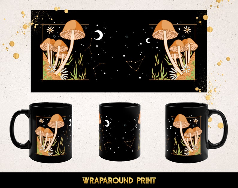 Black Mug Witchy Mushroom Mug, Celestial Mushroom Mug, Cottagecore Gift, Forest Magic Mushrooms Mug, Mushroom Decor, Mushroom Gift image 5