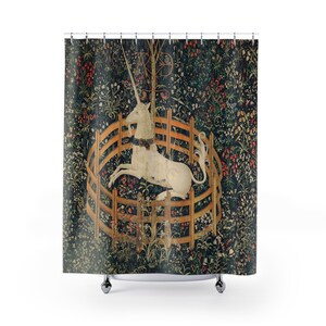 Medieval Unicorn Shower Curtain, Botanical Floral Art Nouveau Decor, Famous Artist Classic Vintage Art Gifts, French Boho Bathroom Curtain afbeelding 4