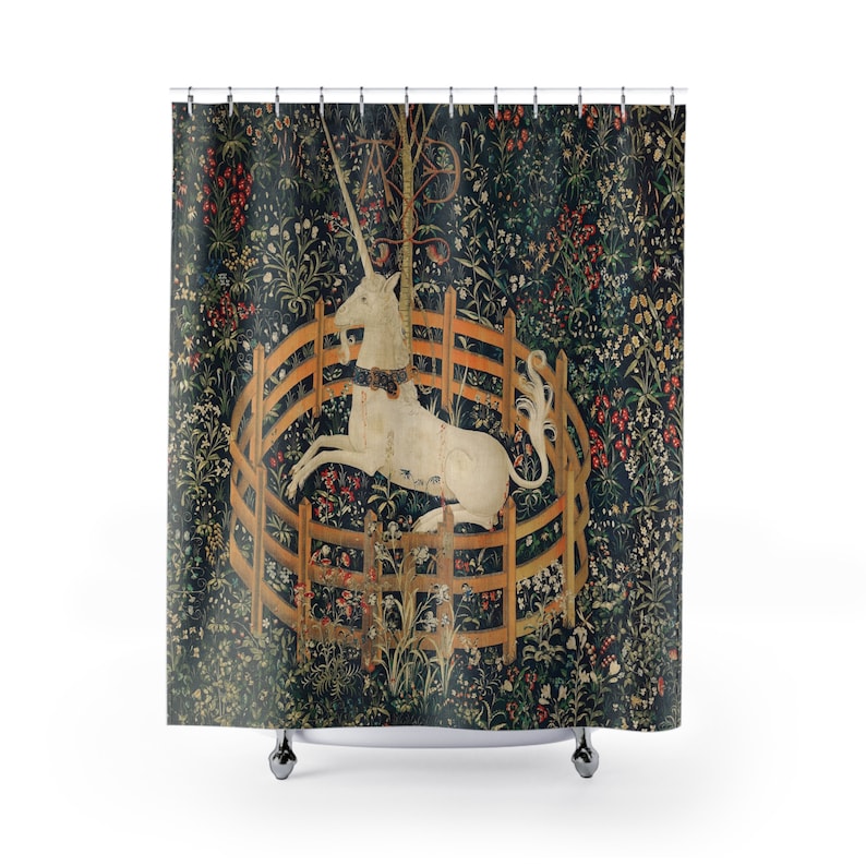 Medieval Unicorn Shower Curtain, Botanical Floral Art Nouveau Decor, Famous Artist Classic Vintage Art Gifts, French Boho Bathroom Curtain afbeelding 4