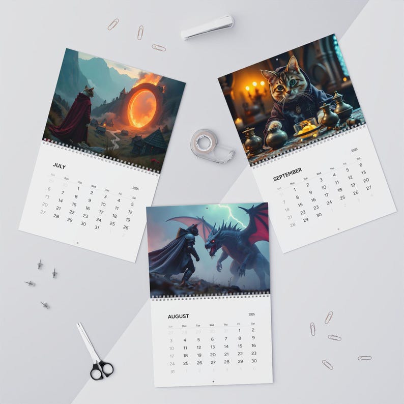 Updated 2027 Fantasy Cats Calendar Wall Calendar, Quest Whimsical Monthly Hanging Planner, Bookish Calendar Medieval Gift for Cat Lovers image 6