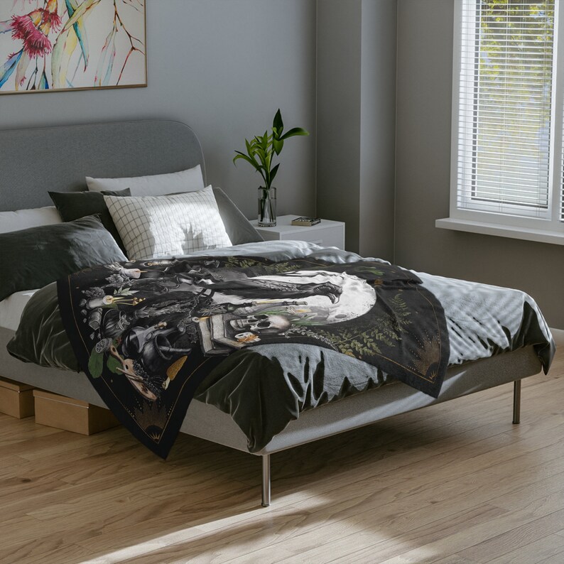 Crow Velveteen Blanket, Cottagecore Celestial Blanket, Raven Painting Witch Stuff Minky Blanket, Fairycore Forestcore Throw Blanket Couch 60" × 50"