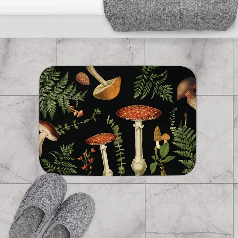 Mushroom Cute Bath Mat, Dark Academia Boho Bath Mat, Dark Cottagecore Shower Mat, Goblincore Botanical Floral Mat, Woodland Forestcore Rug Bild 7