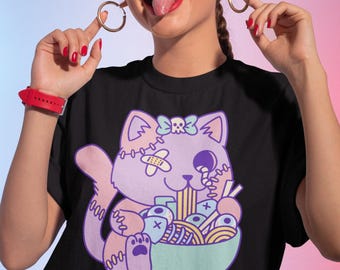 Pastel Goth Cat Eating Ramen Shirt, Yami Kawaii, Fairy Kei, Pastel Grunge Shirt, Pink Kawaii Shirt, Harajuku Cat, Ramen Noodles Shirt