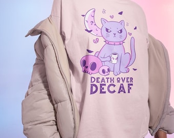 Death Over Decaf Harajuku Angry Coffee Cat, Pastel Goth Clothing, Harajuku Shirt, Cryptid Shirt, Kawaii Clothes, Kawaii Goth, Creepy Cute
