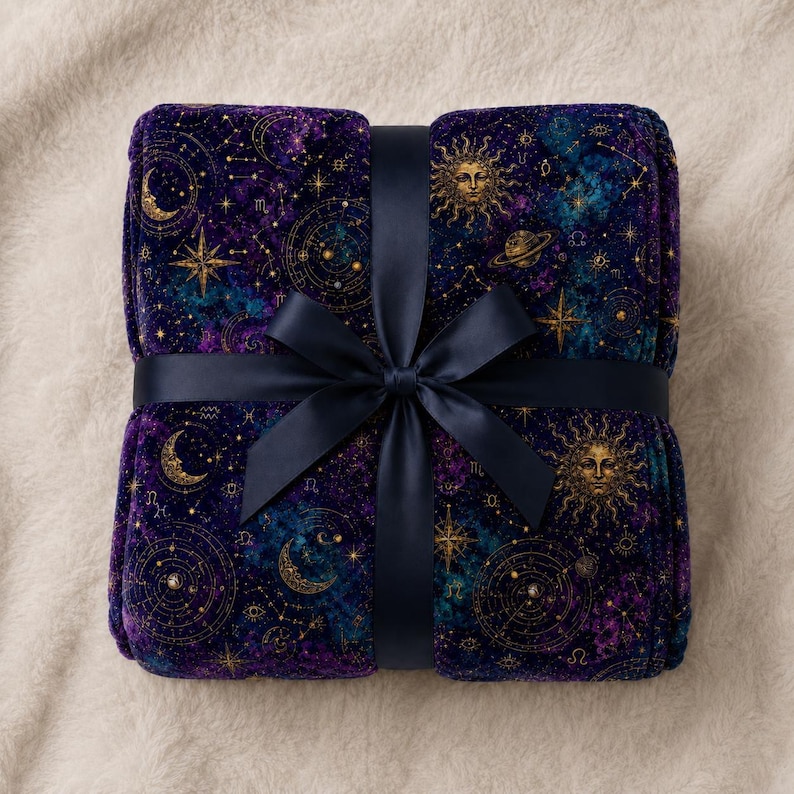 Whimsigoth Celestial Velvet Throw Blanket Astrology Zodiac Moon and Stars Blanket, Purple Witchcore Decor Gothic Couch Blanket Cozy Gift image 4