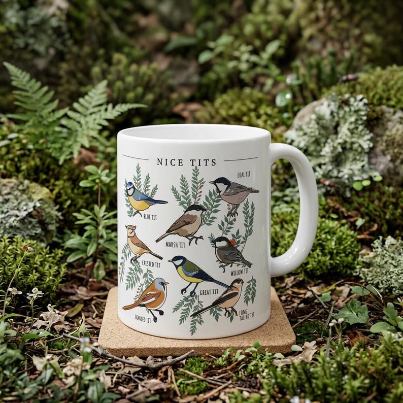 May include: A white ceramic mug featuring the text NICE TITS at the top and colorful illustrations of various bird species including the blue tit, marsh tit, coal tit, crested tit, willow tit, bearded tit, great tit, and long-tailed tit.