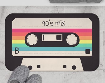 Custom Vintage Tape Bath Mat, Retro Cassette Boho Bath Mat, Funny Abstract Shower Mat, Green Memory Foam Bath Mat, Personalised Bath Rug