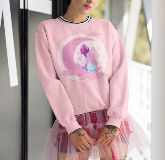 Pink Crescent Moon Sweater, Yume Kawaii Sweatshirt, Pastel Goth
