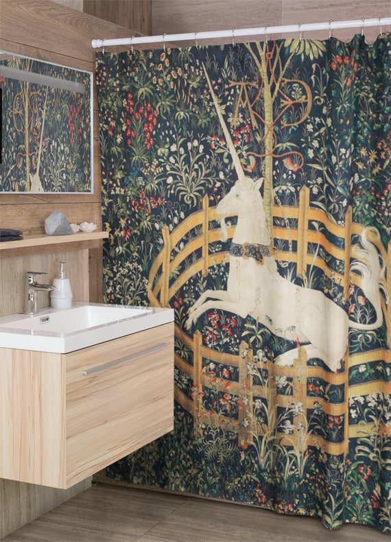 Medieval Unicorn Shower Curtain, Botanical Floral Art Nouveau Decor, Famous Artist Classic Vintage Art Gifts, French Boho Bathroom Curtain