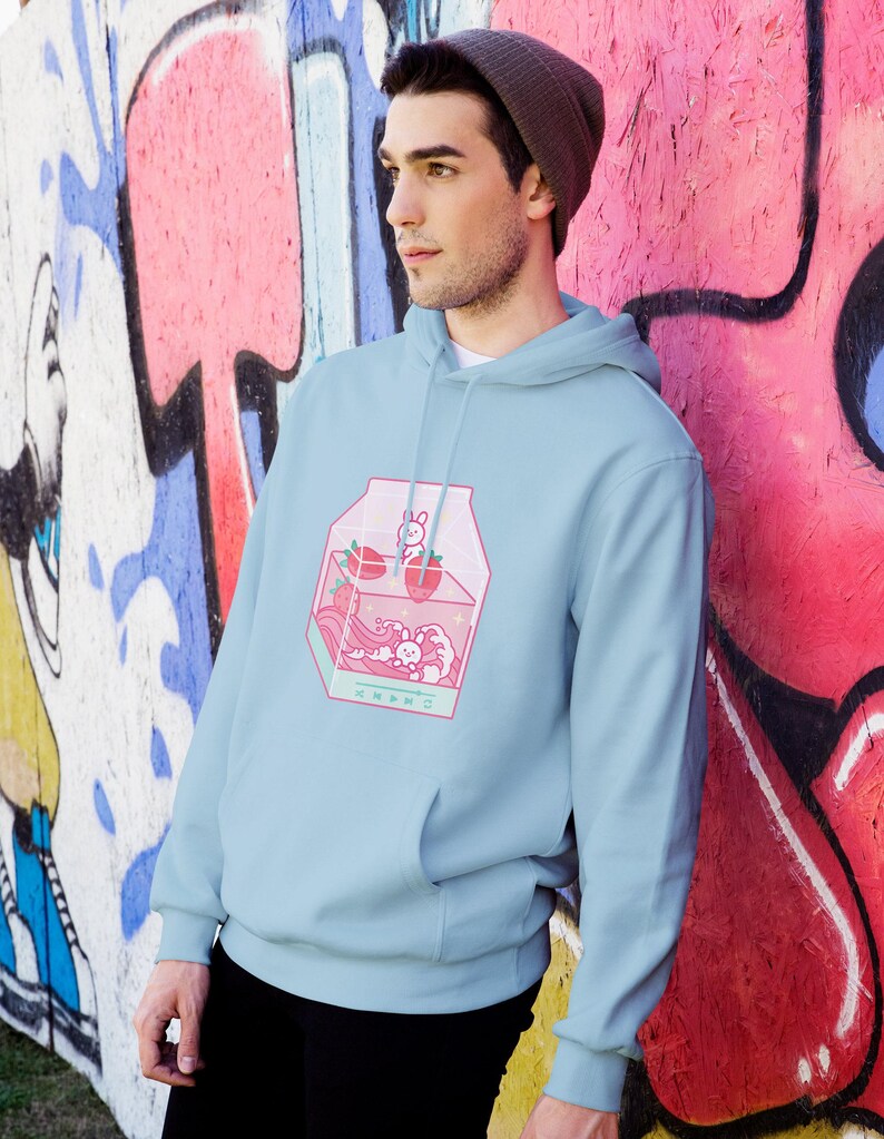 Strawberry Milk Hoodie, Harajuku Strawberry Shirt, Kawaii Anime Hoodie, Japanese Vaporwave Hoodie, Kawaii Plus Size Clothing image 6