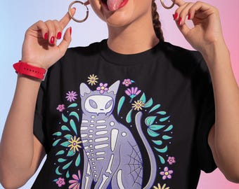 Harajuku Skeleton Cat Pastel Goth Shirt, Pastel Goth Clothing, Harajuku Shirt, Cryptid Shirt, Kawaii Clothes, Kawaii Goth, Creepy Cute Shirt