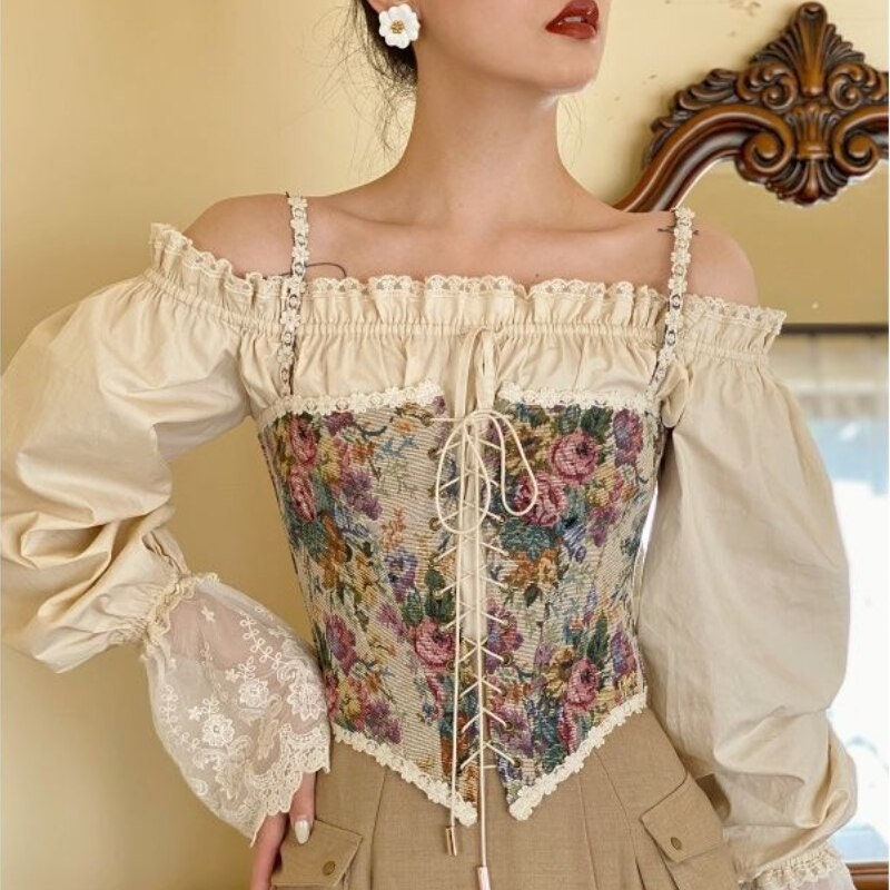 Victorian Fashion Corset Top Floral Embroidery y2k Renaissance | Etsy