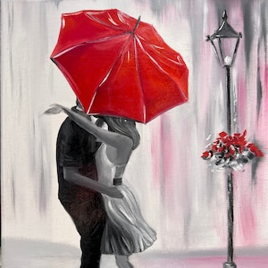 16x12 Oil Painting, Kiss under Umbrella, Romantic Couple, Lovely Day,  Oil Painting on Canvas by AnzhelasArt