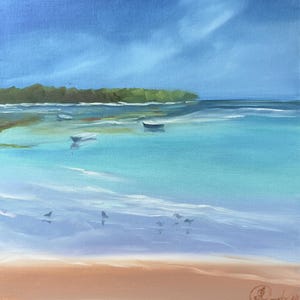 10x10&quot; Handmade Ocean Oil Painting: Beach Seascape Canvas Art