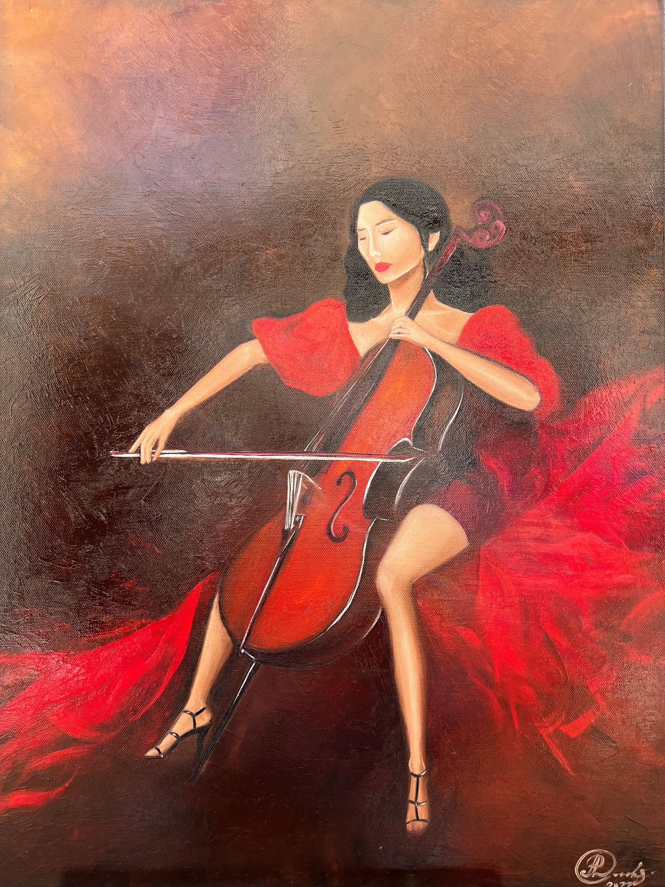 チェロを弾く女性：オリジナル油絵、現代印象派美術（18x24） - Etsy 日本