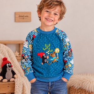 Könnte beinhalten: Ein blaues Langarm-Sweatshirt mit einem sich wiederholenden Muster aus weißen Schneeflocken und Zeichentrickfiguren auf den Ärmeln sowie einer zentralen Grafik eines Maulwurfs und einer Maus, die Mistelzweige und eine Kerze halten.