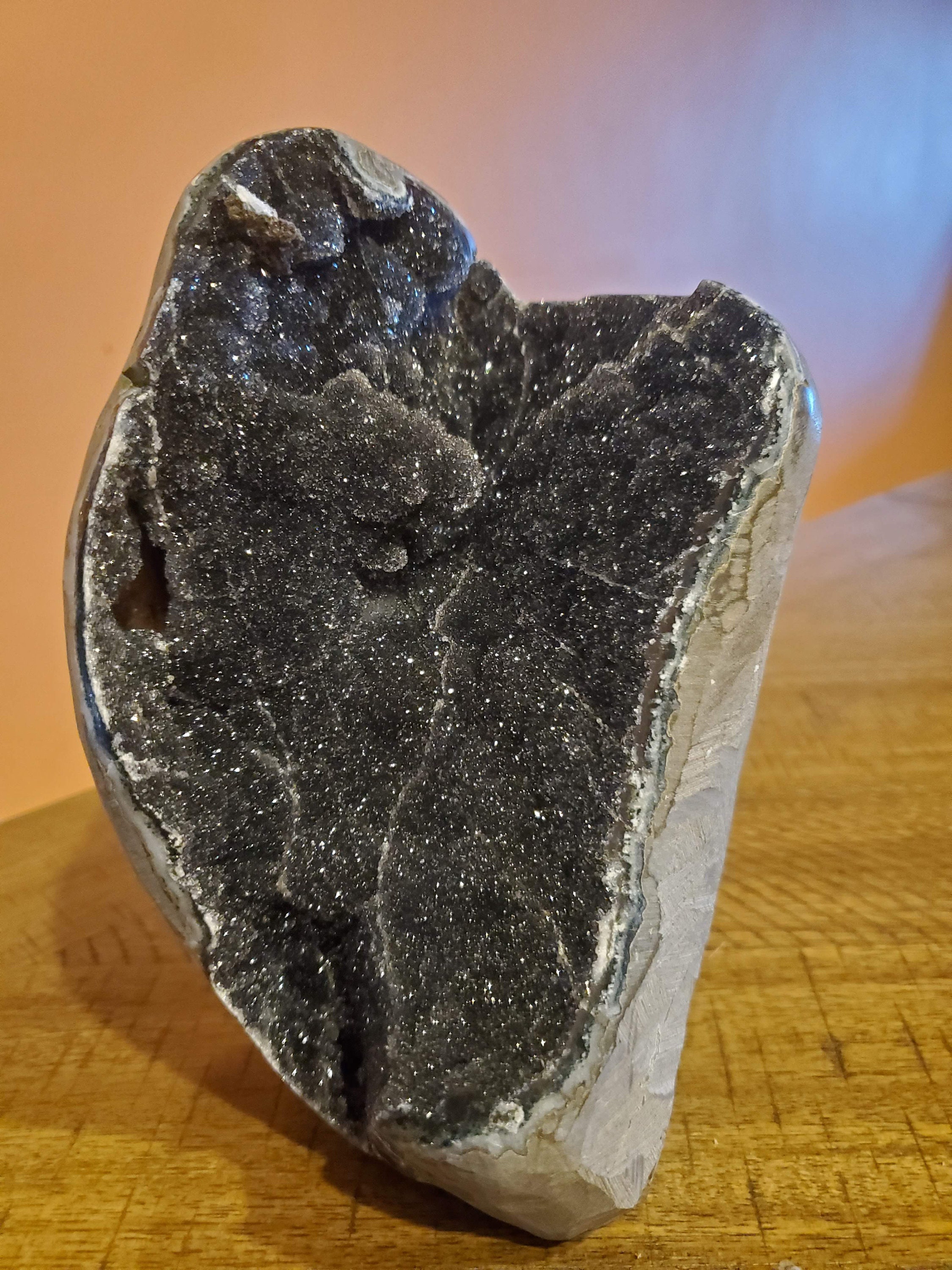 Black Amethyst Cut Base With Agate Druzy Pocket Rare Example 5.15 Lbs Brazil