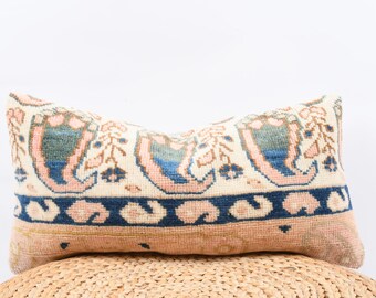 Lumbar kilim pillow.60x30 .24x12 inc.Primitive Pillow Sofa Seat Blue shabby chic cushion knitted throw long pillow cover,decorative .