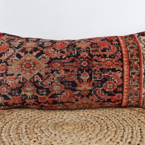 Red Turkish Rug Pillow Cover: Vintage Wool Lumbar Cushion (12x24)