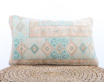 Funda de almohada Kilim turca hecha a mano: cojín lumbar de lana vintage (30,5 x 50,8 cm)