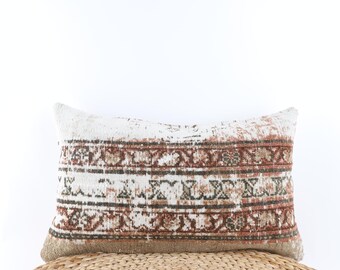 Funda de almohada Kilim turca hecha a mano: cojín lumbar de lana vintage (30,5 x 50,8 cm)
