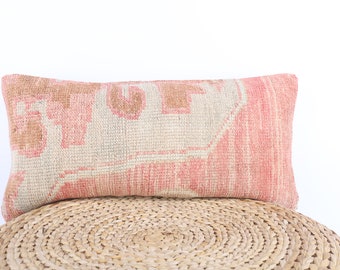 Handwoven Turkish Rug Pillow Cover: Wool Lumbar Cushion, 12x24