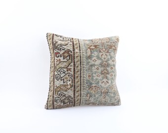 Vintage Turkish Kilim Pillow Cover: Textured Wool Woven Pillow (16x16)