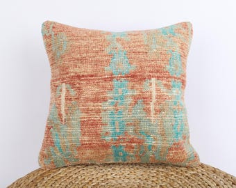 Vintage Turkish Rug Pillow Cover: 16x16 Wool Decorative Pillow