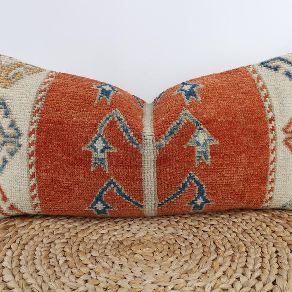 Turkse kelim kussensloop: handgemaakte wollen lendestukken, boho-decor (12 x 24)
