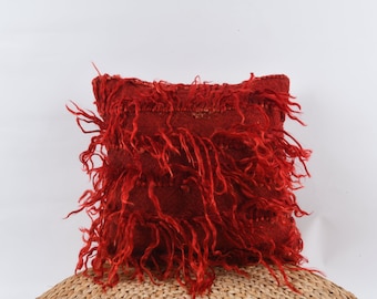 Turkish Rug Pillow Cover: Red Wool Boho Throw Pillow (16x16)