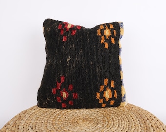 Vintage Turkish Rug Pillow Cover: Wool Decorative Cushion (16x16)