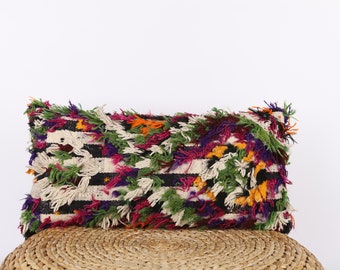 Handwoven Turkish Rug Pillow Cover: Textured Green Wool Lumbar Cushion (12x24)