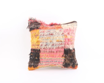 Orange Textured Woven Pillow: Turkish Rug Cushion Cover (16x16)