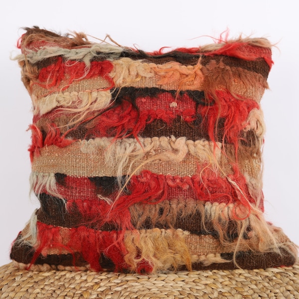 Handwoven Turkish Kilim Pillow Cover: Wool Sofa Cushion (16x16)