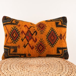 Orange Textured Handwoven Pillow, Turkish Carpet Pillow, 16x24 Kilim Pillow, Kilim Lumbar, Orange Throw Pillow, Orange Cushion Cover, Pillow