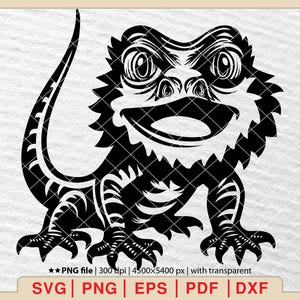 May include: Black and white silhouette of a bearded dragon lizard with a wide open mouth, showing its teeth. The lizard is standing on all fours with its tail curled behind it.
