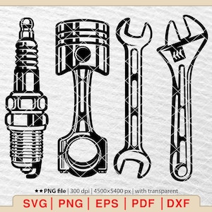 Può includere: Silhouette in bianco e nero di quattro strumenti comunemente usati per la riparazione di auto: una candela, un pistone, una chiave e una chiave inglese.