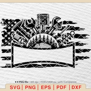 Könnte beinhalten: Schwarz-weiße Silhouette einer abgenutzten amerikanischen Flagge mit einem Banner und verschiedenen Werkzeugen, darunter Schraubenschlüssel, eine Zündkerze und ein Stoßdämpfer, die eine Waldszene umgeben.