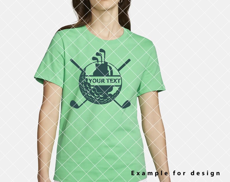 Puede incluir: Una camiseta verde con un dise&ntilde;o de bola de golf. La bola de golf contiene una bolsa de golf y palos. El texto "YOUR TEXT" est&aacute; en la bola de golf.