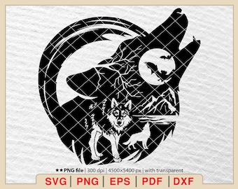 Howling Wolf SVG: Mountain Scene Clipart (Digital Files)