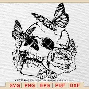 Crâne fleur papillon SVG, crâne Foses SVG, crâne floral SVG, crâne de papillon SVG, crâne doux SVG, fichiers pour cricut, SVG, Pdf, Png, Eps, Dxf [EP-22]