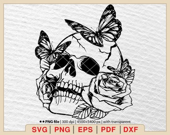 Skull Flower Butterfly Svg,Skull Foses Svg,Floral Skull Svg,Butterfly skull SVG,Sweet skull Svg,Files for cricut,Svg,Pdf,Png,Eps,Dxf[EP-22]